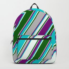 [ Thumbnail: Colorful Grey, Purple, Dark Turquoise, Mint Cream & Dark Green Colored Pattern of Stripes Backpack ]