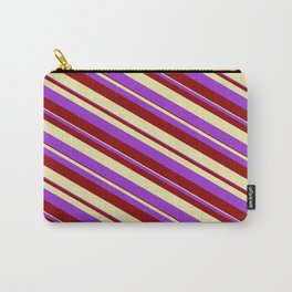 [ Thumbnail: Dark Orchid, Dark Red, and Pale Goldenrod Colored Striped/Lined Pattern Carry-All Pouch ]