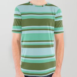 [ Thumbnail: Aquamarine, Dark Olive Green, and Powder Blue Colored Stripes/Lines Pattern All Over Graphic Tee ]
