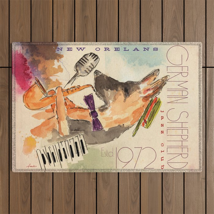 german shepherd dog gsd jazz music poster musician keyboard saxophone art artwork Outdoor Rug
