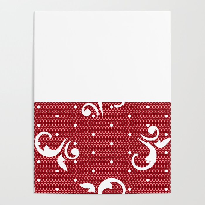 White Floral Curls Lace Horizontal Split on Christmas Dark Red Poster