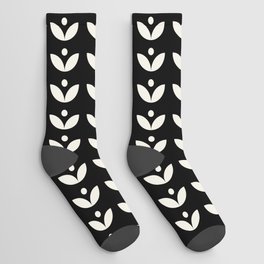 White Scandinavian Vertical Leaves on Black Socks