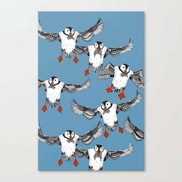 Atlantic Puffins blue Canvas Print