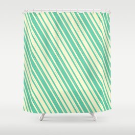 [ Thumbnail: Light Yellow & Aquamarine Colored Lined Pattern Shower Curtain ]
