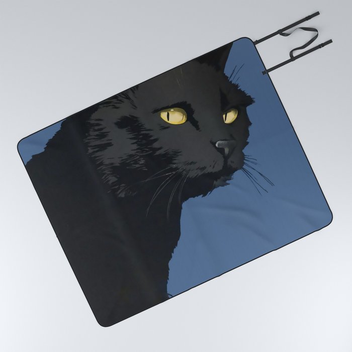 Vintage Black Cat With Yellow Eyes On Blue Background Picnic Blanket