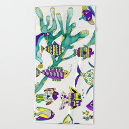 Tropical Fish Watercolor and Ink Illustration Beach Towel