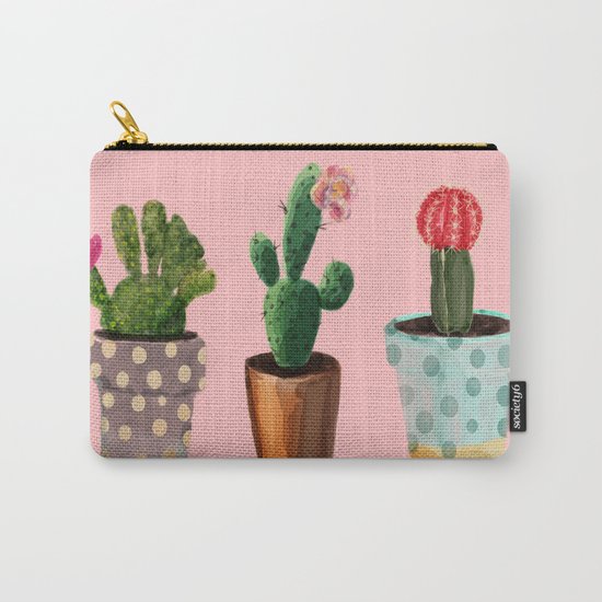 Three Cacti With Flowers On Pink Background Carry-All Pouch