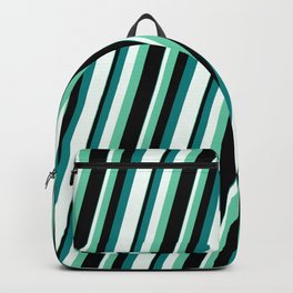 [ Thumbnail: Aquamarine, Black, Teal, and Mint Cream Colored Lined Pattern Backpack ]