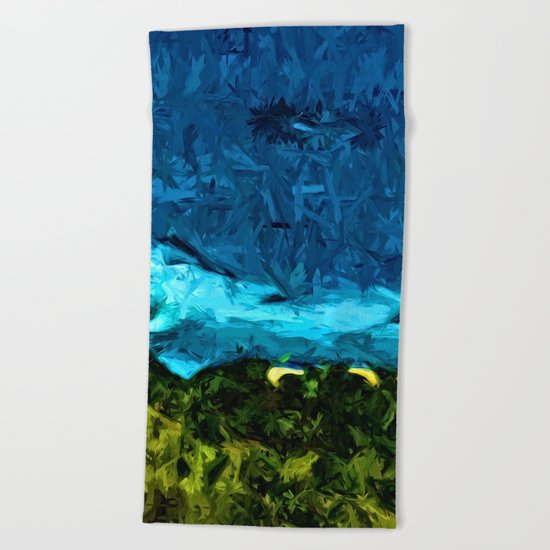 Blue Sea with Turquoise Waves and Green Grass Beach Towel