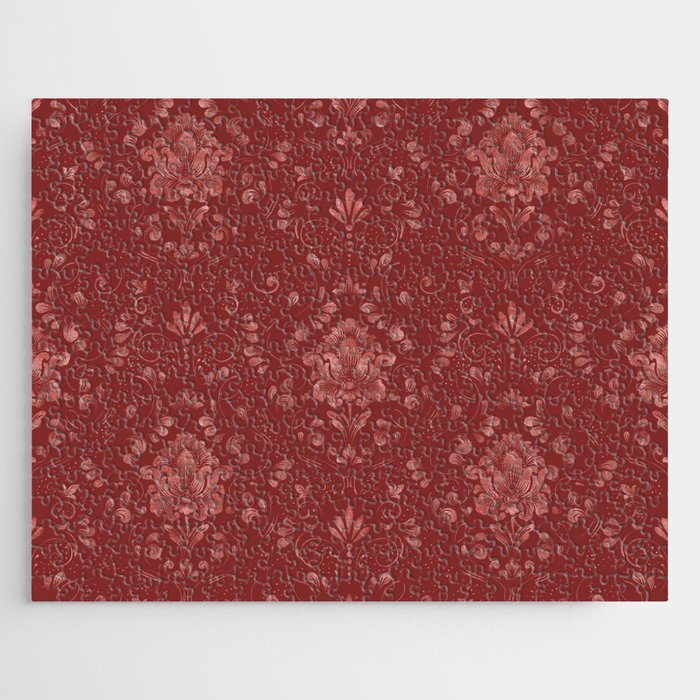 Damask Pattern with Glittery Metallic Accents Red Jigsaw Puzzle