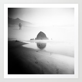 Haystack Rock Reflection with Footsteps in Black and White - Cannon Beach, Oregon Film Photograph Art Print