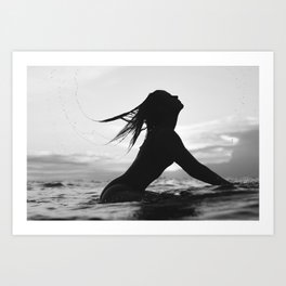 Surfing at sunset; surfer girl on the swells ocean black and white female photograph - photography - photographs by Olga Sinenko  Art Print