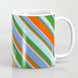 [ Thumbnail: Cornflower Blue, Forest Green, Red, and Powder Blue Colored Lines Pattern Coffee Mug ]