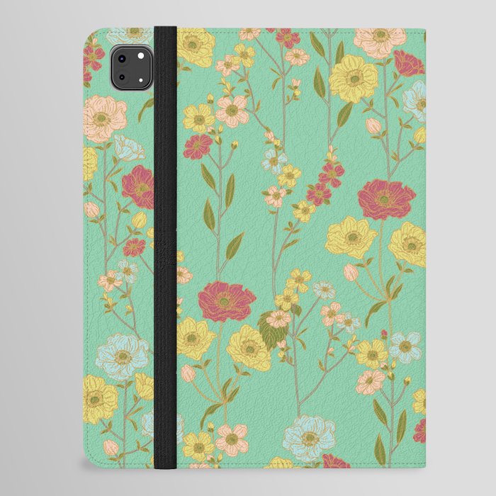 Poppy's in Bloom Meadow Sea Green Wildflower Botanical Seamless Pattern iPad Folio Case