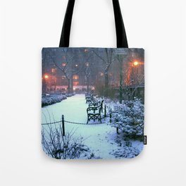 Magic of Snow Tote Bag | Snow In Nyc, Holiday, Nyc, Park Bench, Snow, Winter, Color, Snow Scene, Blue, Magic 