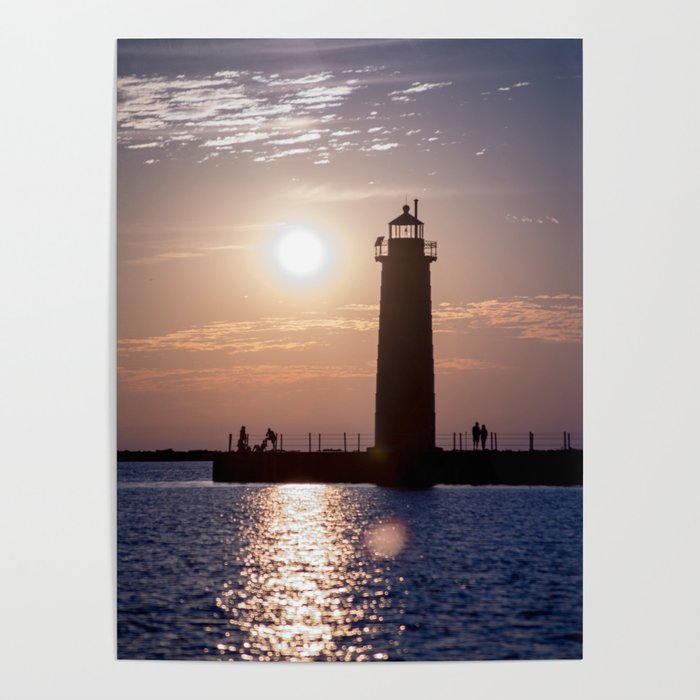 Cool Blue Sunset Over Muskegon Lighthouse on Lake Michigan Poster