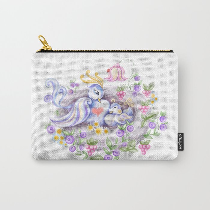 Cute mother bird and baby bird in the nest Carry-All Pouch