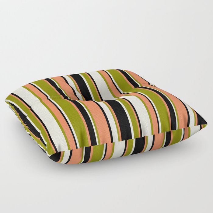 Beige, Green, Coral & Black Colored Stripes Pattern Floor Pillow