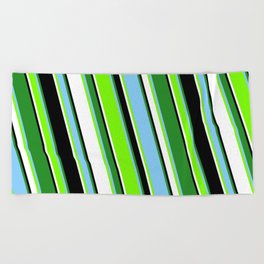 [ Thumbnail: Colorful Forest Green, Light Sky Blue, Green, White, and Black Colored Pattern of Stripes Beach Towel ]