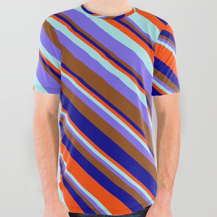 Red, Turquoise, Medium Slate Blue, Brown & Dark Blue Colored Striped/Lined Pattern All Over Graphic Tee