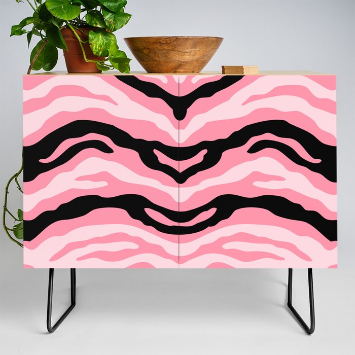 Mid Century Modern Zebra Print Black and Pink Credenza