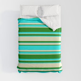 [ Thumbnail: Light Yellow, Green, and Aqua Colored Lined Pattern Duvet Cover ]