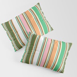 [ Thumbnail: Colorful Sea Green, Light Pink, Dark Olive Green, Brown, and White Colored Lines Pattern Pillow Sham ]