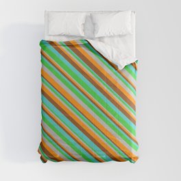 [ Thumbnail: Eye-catching Turquoise, Lime Green, Grey, Dark Orange & Brown Colored Lines/Stripes Pattern Comforter ]