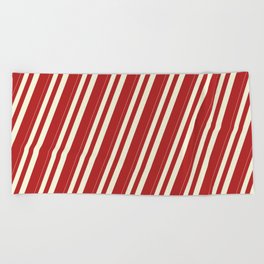 [ Thumbnail: Beige & Red Colored Lined/Striped Pattern Beach Towel ]