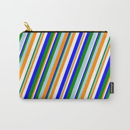 [ Thumbnail: Eye-catching Light Blue, Dark Orange, White, Blue & Green Colored Lined/Striped Pattern Carry-All Pouch ]
