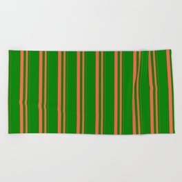 [ Thumbnail: Red & Green Colored Lines Pattern Beach Towel ]