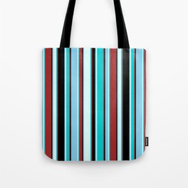[ Thumbnail: Brown, Dark Turquoise, Light Cyan, Sky Blue, and Black Colored Lines/Stripes Pattern Tote Bag ]