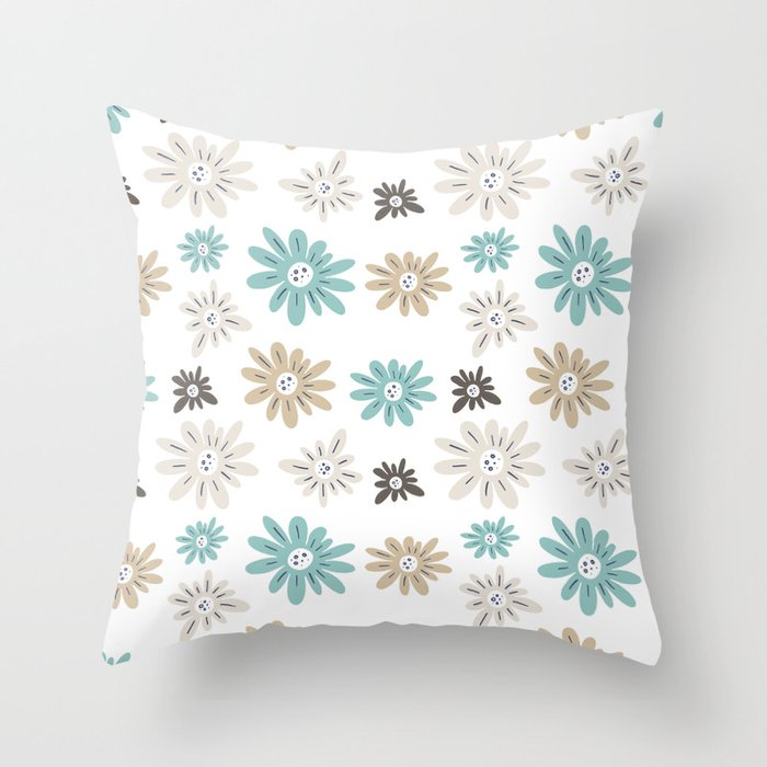 Aquaverde Floral Pattern Brown Soft Blue Green on White Throw Pillow