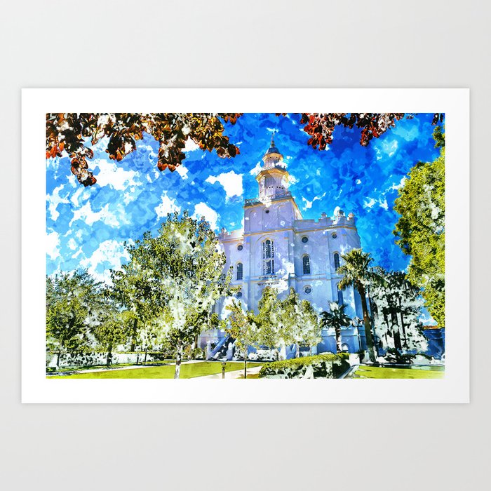 St George Lds Temple Watercolor Gold Lining Art Print By