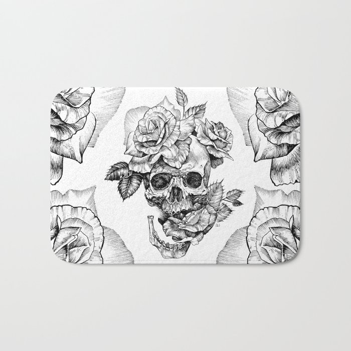 Black and White skull with roses pen drawing Bath Mat