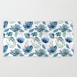 Watercolor blue floral and greenery design Beach Towel