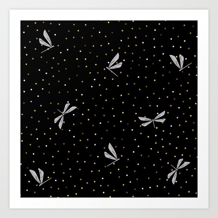 Silver Dragonfly Christmas seamless pattern and Gold Confetti on Black Background Art Print
