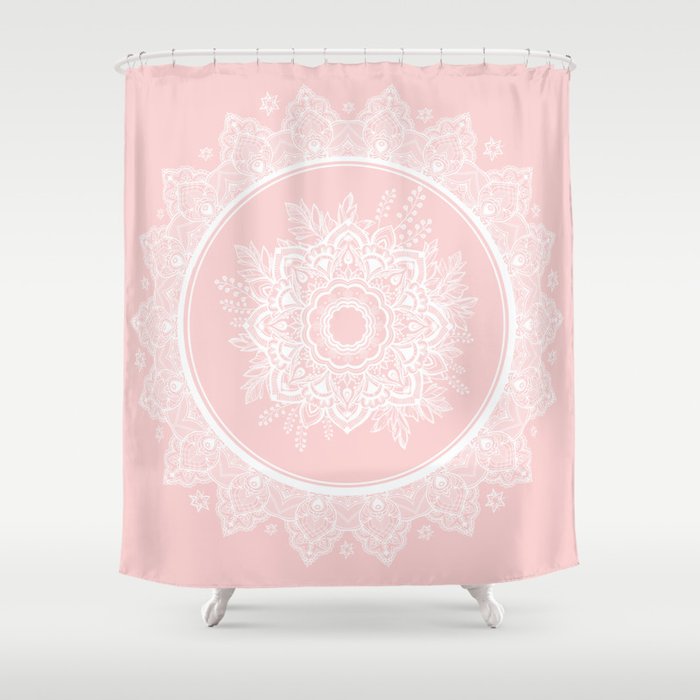 Bohemian Lace Paisley Mandala White On Pink Shower Curtain By