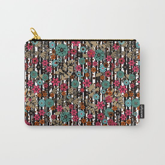 Floral pattern on black and white striped background Carry-All Pouch