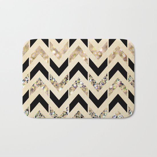 Black & Gold Glitter Herringbone Chevron on Nude Cream Bath Mat