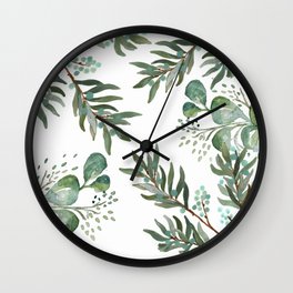 Winter Branches and Juniper Berries on White Wall Clock | Botanical, Winter, Eucalyptus, Watercolor, Acrylic, Painting, Nature, Digital, Pine, Plants 