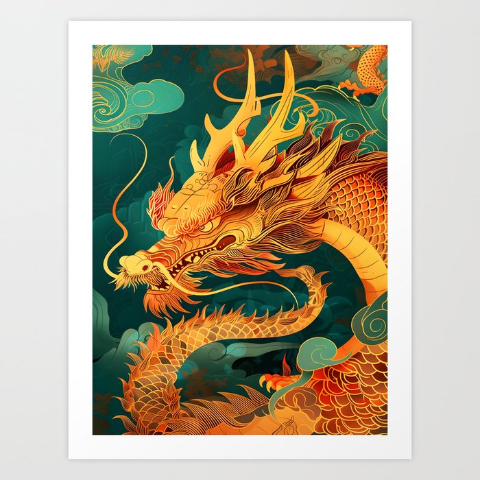 Golden Threads: Enigmatic Loong in Vector Artistry Art Print
