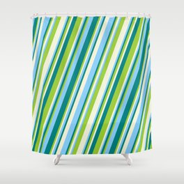 [ Thumbnail: Teal, Green, Beige & Light Sky Blue Colored Stripes/Lines Pattern Shower Curtain ]