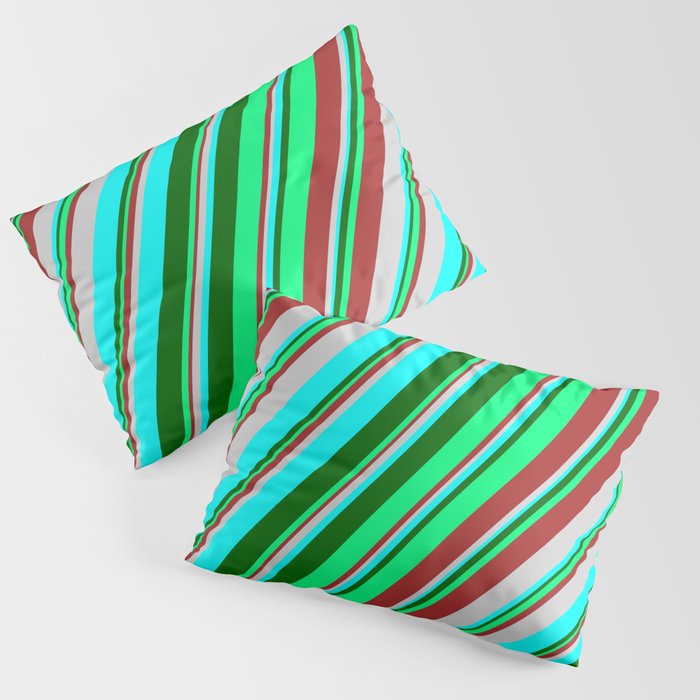 Colorful Brown, Light Grey, Cyan, Dark Green, and Green Colored Stripes Pattern Pillow Sham