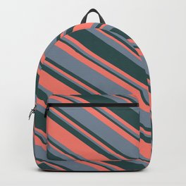 [ Thumbnail: Dark Slate Gray, Salmon & Light Slate Gray Colored Stripes/Lines Pattern Backpack ]