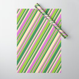 [ Thumbnail: Orchid, Green, Sea Green, and Beige Colored Stripes Pattern Wrapping Paper ]