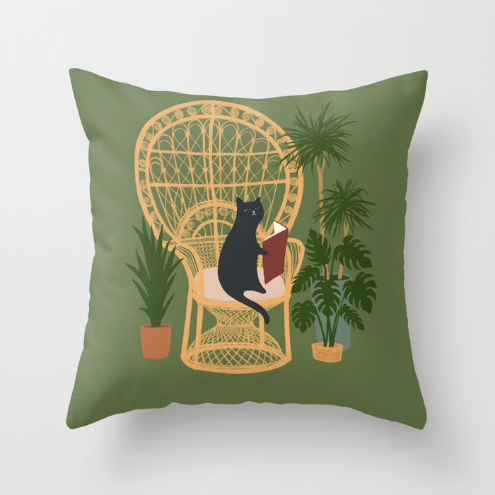Hidden cat 51 private forest reading area rattan chair Throw Pillow