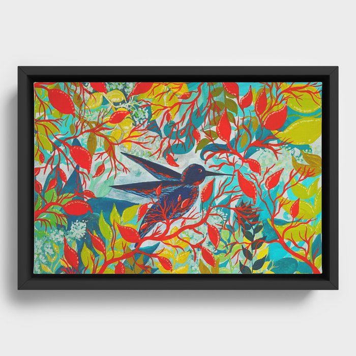 A Hummingbird in the Bushes Framed Canvas