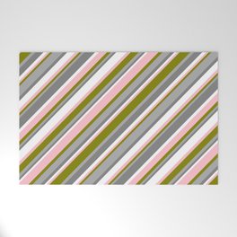 [ Thumbnail: Eye-catching Green, Dark Grey, Gray, White & Pink Colored Pattern of Stripes Welcome Mat ]