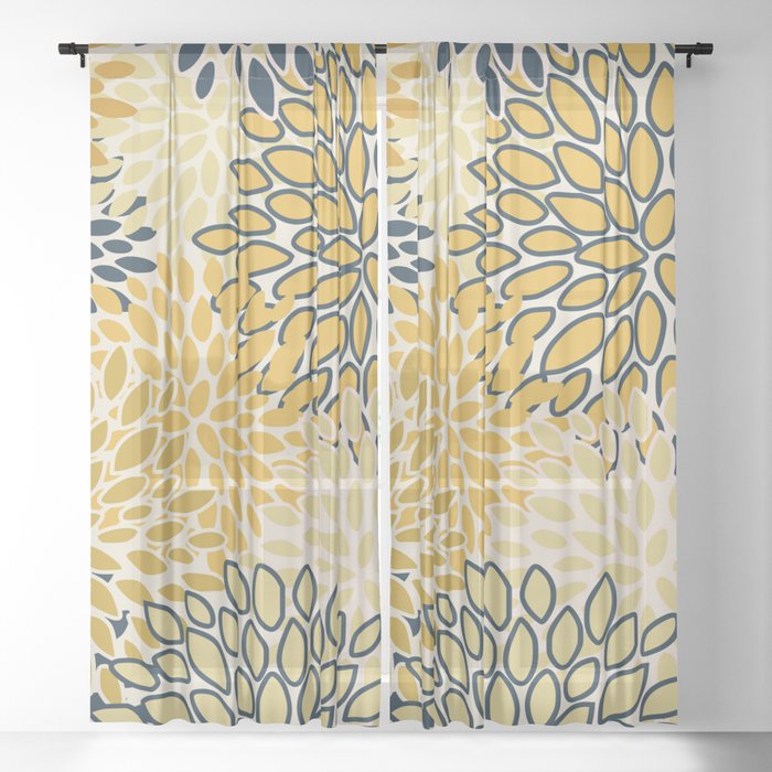 Floral Prints, Abstract Art, Navy Blue and Mustard Yellow, Coloured Prints Sheer Curtain